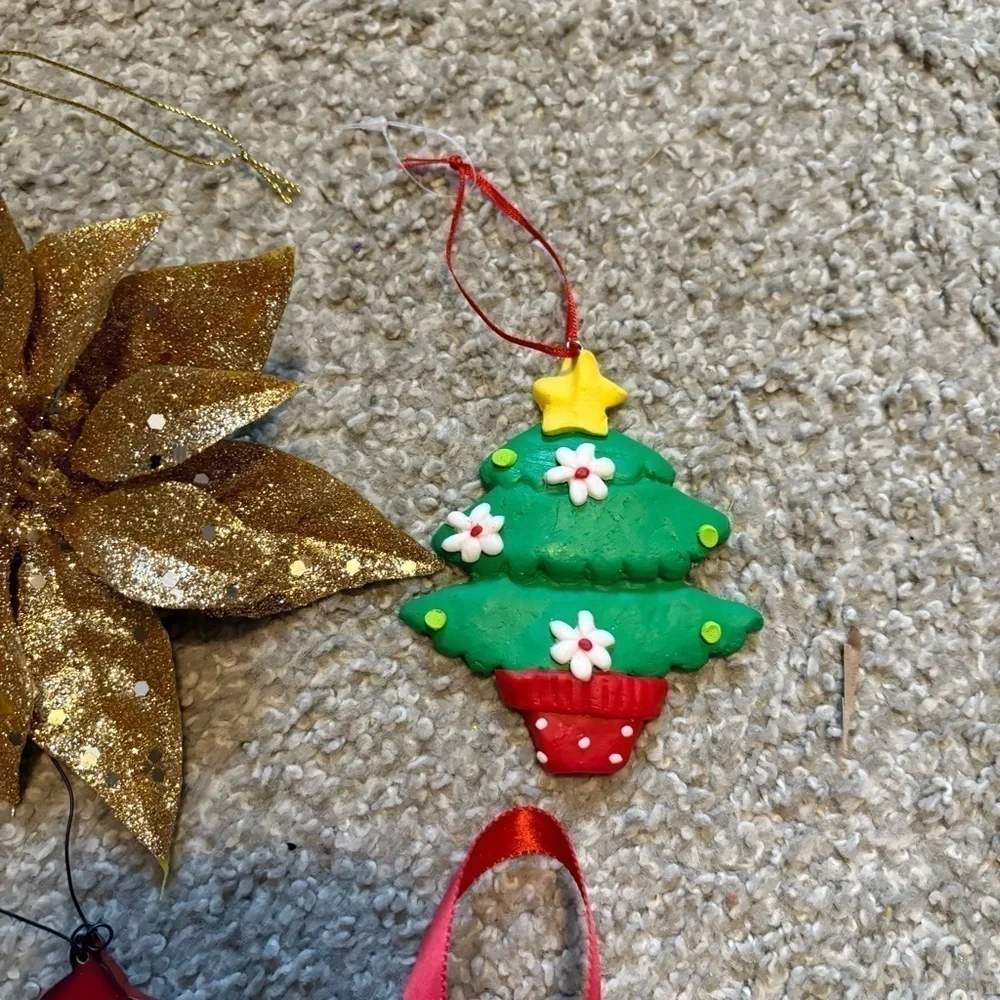 Christmas Ornament Bundle Gold Glitter Poinsettia Metal Jingle Ball Santa